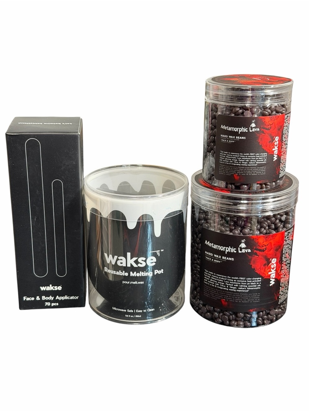 wakse Hard Wax Beans Metamorphic Lava Large & Small. Applicator & Melting Pot